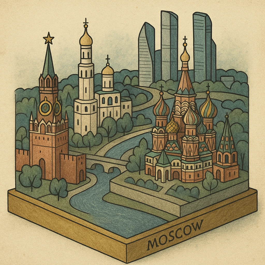 Изометричная миниатюрная 3D модель Москвы на подставке - фотореалистичный Кремль, собор Василия Блаженного, Башни Москва-Сити, аккуратная детализация, яркие цвета, мультяшный реализм, компактная композиция,  вид сверху в изометрии emoji