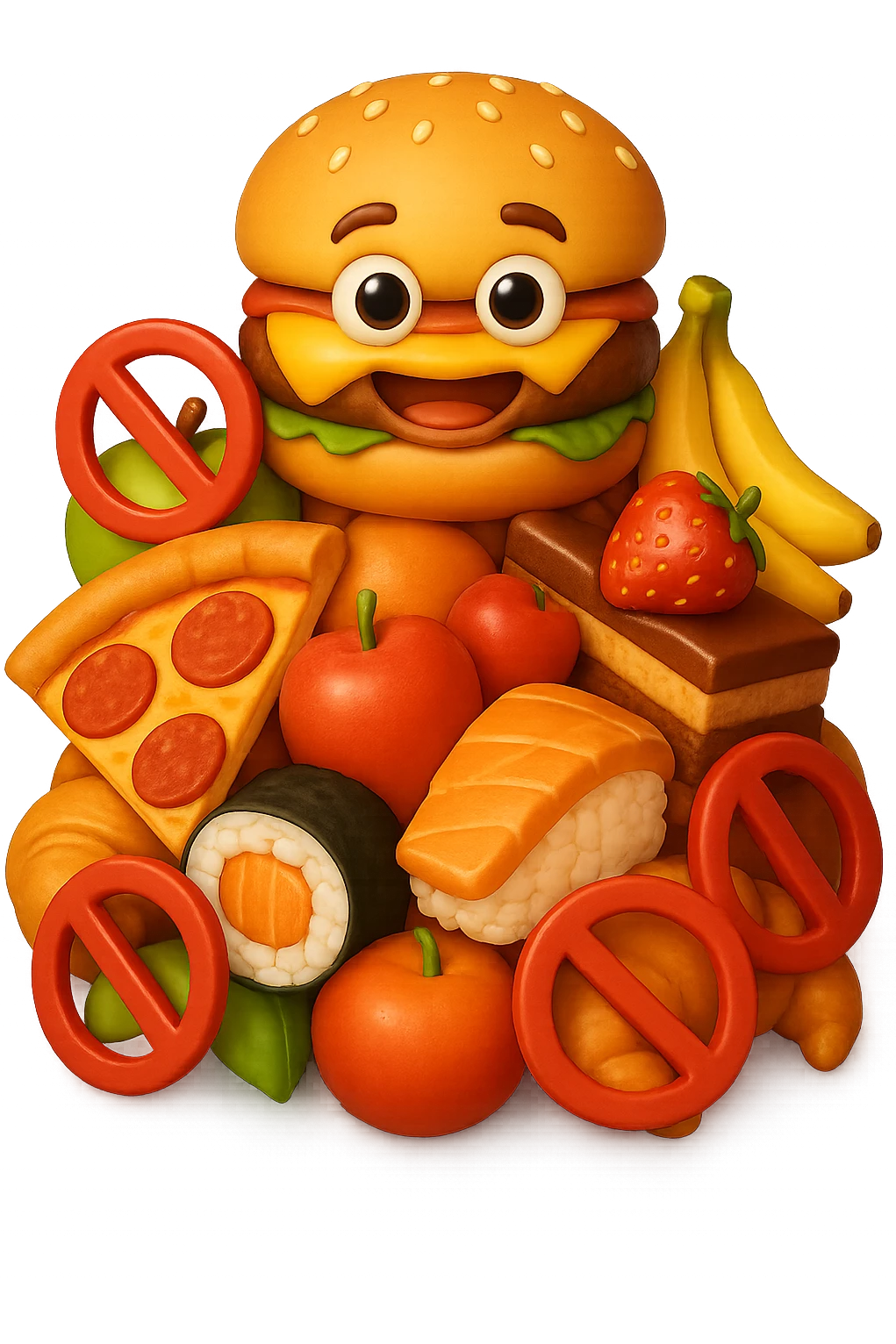 EMOJI STILE IPHONE DI UNa montagna di cibo con divieti 3d sparsi, IPERREALISTICO 4K emoji