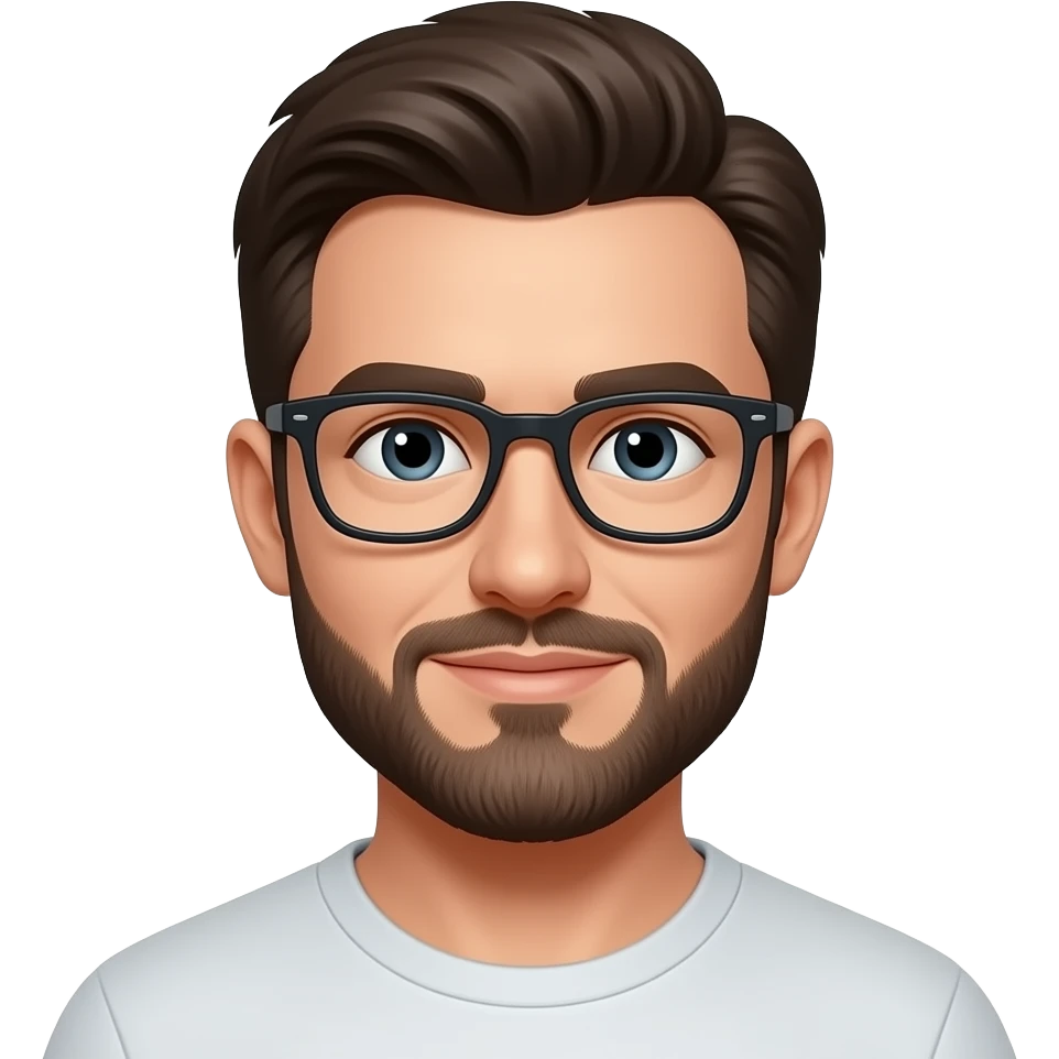 white man, short dark brown hair, short beard and glasses emoji