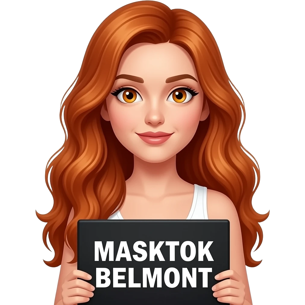 sexy girl with long wavy ginger hair and ginger eyes wearing a white tanktop is holding a black colored sign with MASKTOK BELMONT written on it emoji