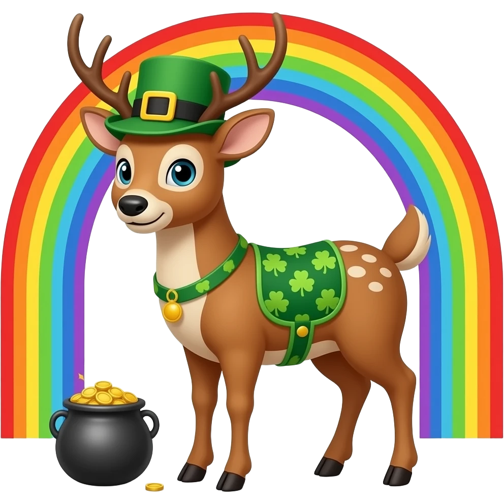 Deer dressed for St Patrick’s day with rainbow and pot of gold emoji