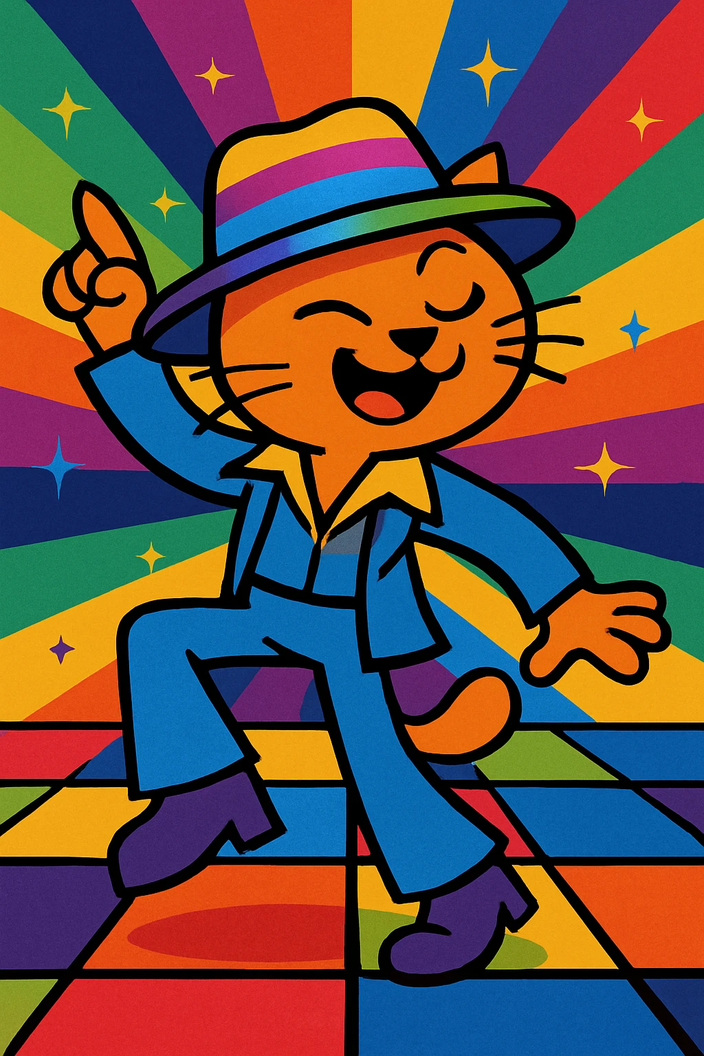 disco cat, funky hat, energetic dance move, rainbow lights emoji