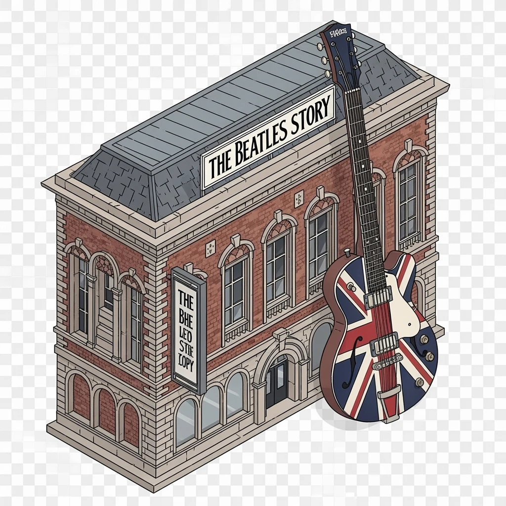 Isometric illustration of Liverpool photorealistic The Beatles Story museum, a Union Jack guitar and brick building in a miniature, slightly hand-drawn style, balanced between stylized and realistic, no cartoonish look, transparent background. emoji