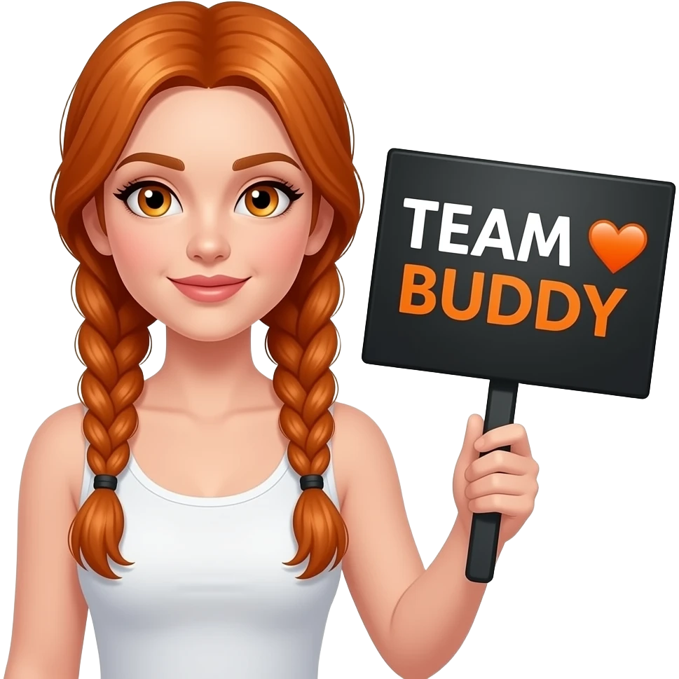 sexy girl with long ginger braids and ginger eyes wearing a white tanktop is holding a black sign with TEAM 💟BUDDY💟 written on it emoji