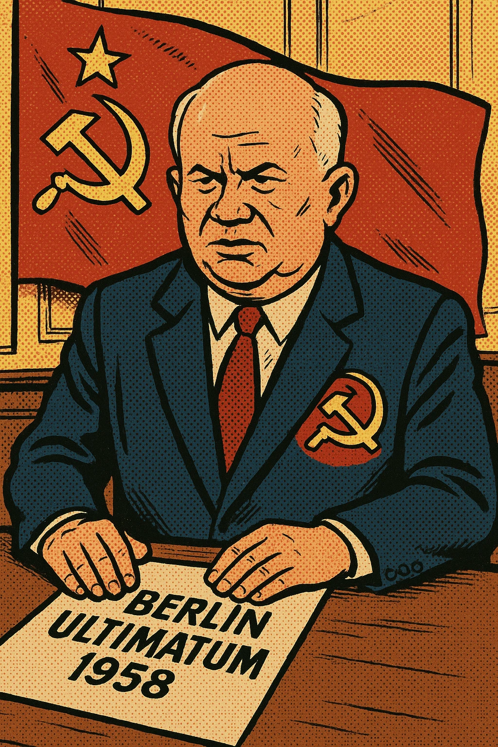 Soviet leader Khrushchev wearing a suit with a large communist party badge on his chest sitting in an office with a piece of paper in front of him with the words 'Berlin Ultimatum 1958' written on it. In the background is a communist flag emoji