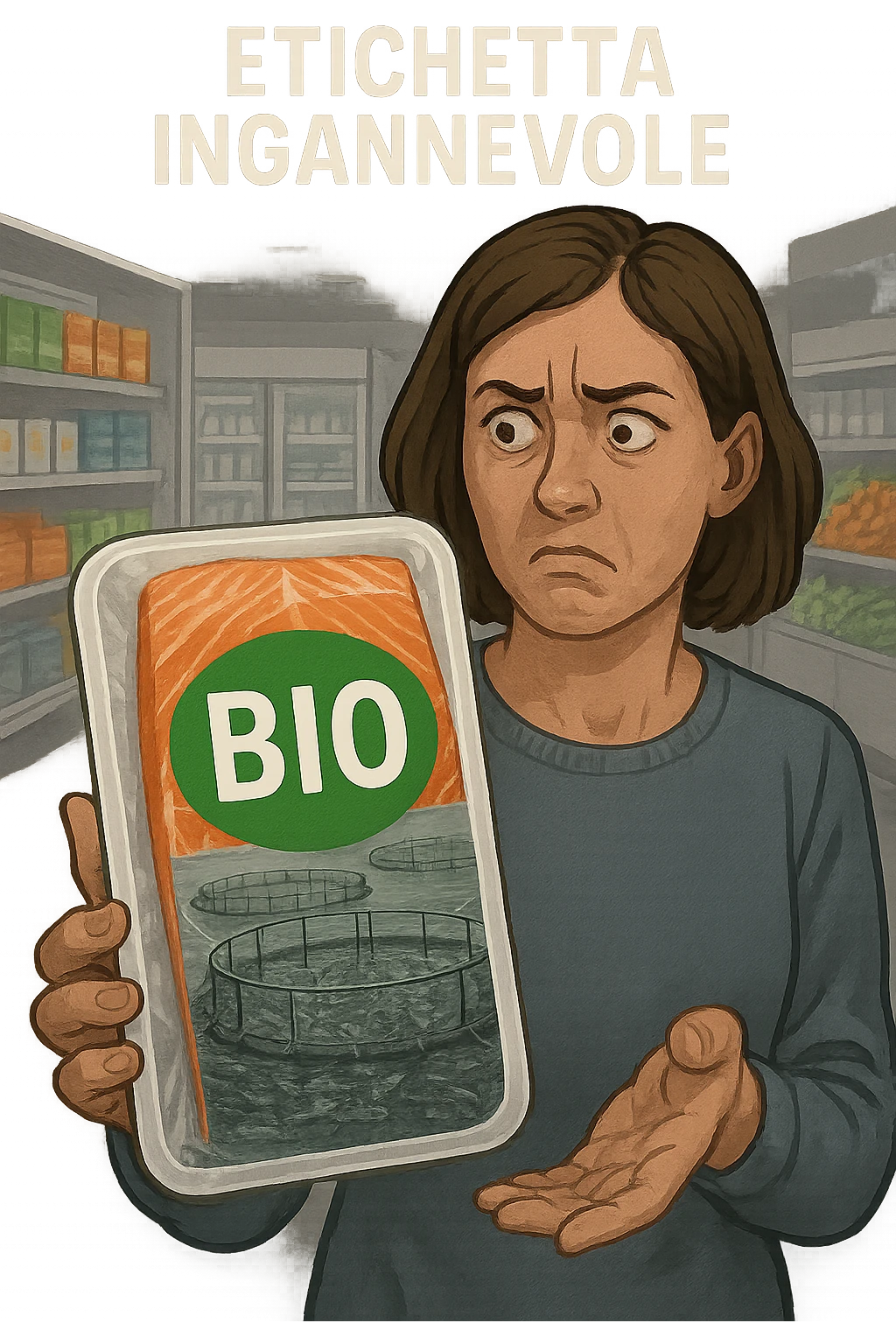 Scena in un supermercato moderno: uomo o donna tiene in mano una confezione di salmone etichettata 'BIO', con un grande bollino verde. Ma in trasparenza, dietro l’etichetta, si intravede un allevamento intensivo di salmoni in gabbie marine, acqua torbida e pesci ammassati. Espressione del cliente confusa e sospettosa. Sopra la testa, testo simbolico fluttuante: 'Etichetta ingannevole'. Colori contrastanti: confezione brillante ma realtà di fondo grigia e artificiale. Stile realistico con elementi simbolici forti emoji