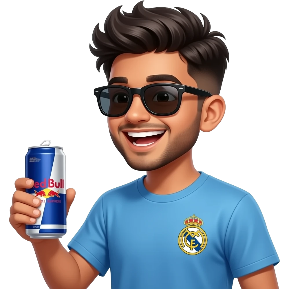 Indian young boy, athlete build laughing,, late teens, with light trimmed beard, side fades with messy spikes hairstyle, drinking red watermelon Can Red Bull with big dark black wayfarers and Real Madrid logo tshirt emoji