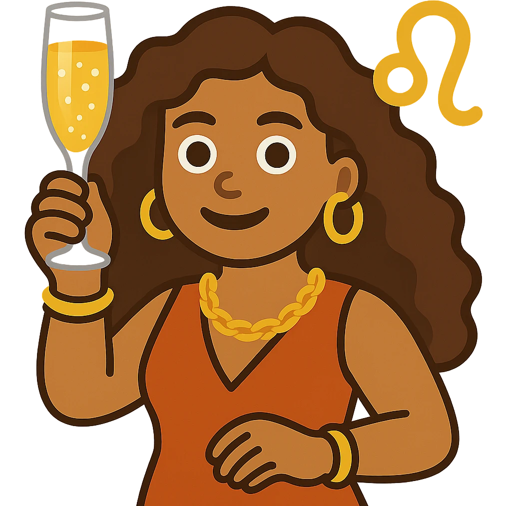 Create a simple and bold illustration of a Leo woman with a glass of champagne in the style of apple emojis. The woman should have a round face, big eyes, and minimal details. The background should be transparent. emoji