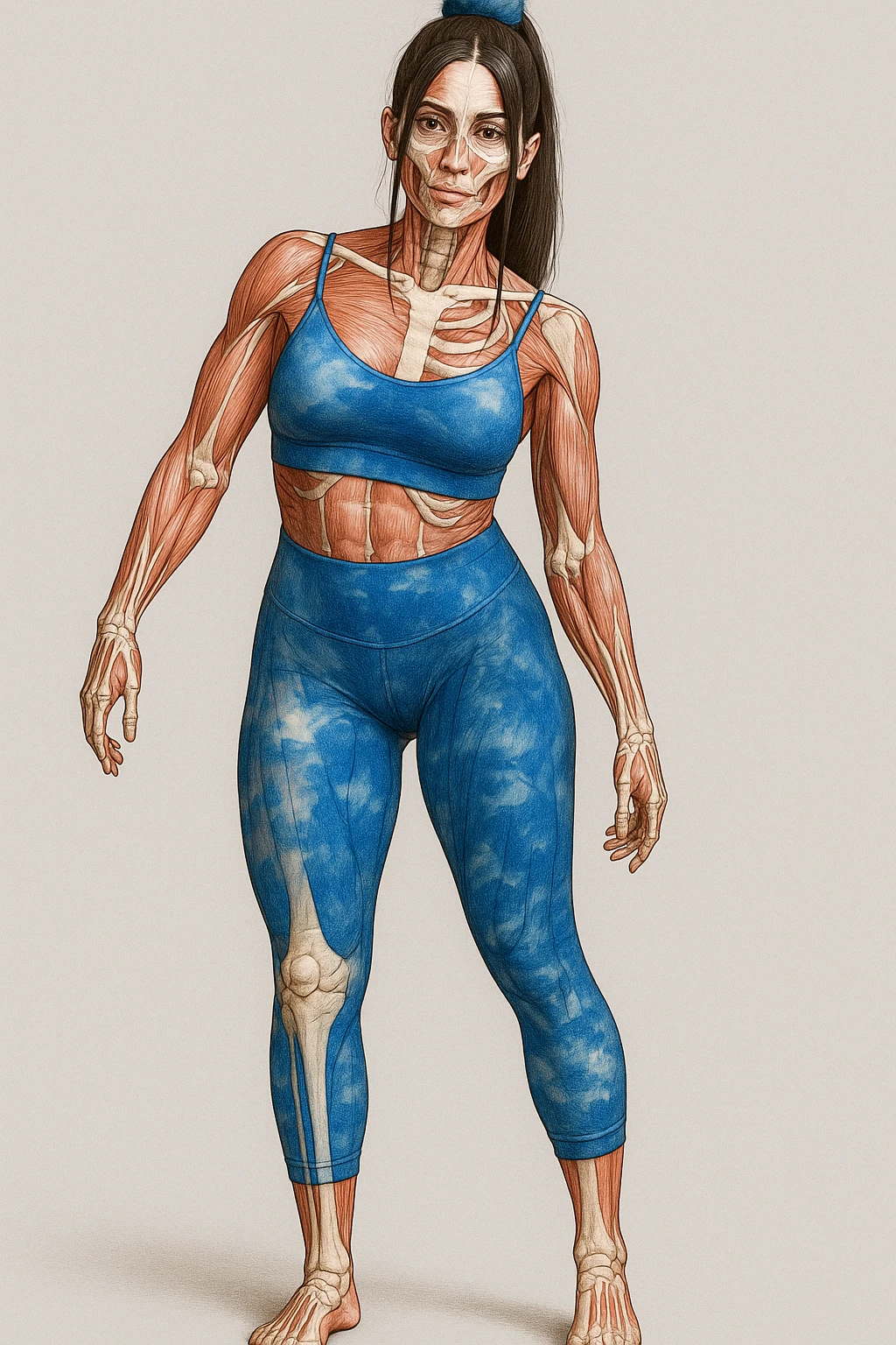 A realistic medical style illustration of a woman in sportswear with an asymmetric posture, showing visible muscles and bones, neutral background, vertical format. emoji