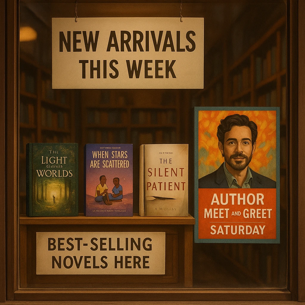 Bookstore window display. A sign displays “New Arrivals This Week”. Below, a shelf tag with the text “Best-Selling Novels Here”. To the side, a colorful poster advertises “Author Meet And Greet on Saturday” with a central portrait of the author. There are four books on the bookshelf, namely “The light between worlds” “When stars are scattered” “The slient patient” “The night circus” emoji