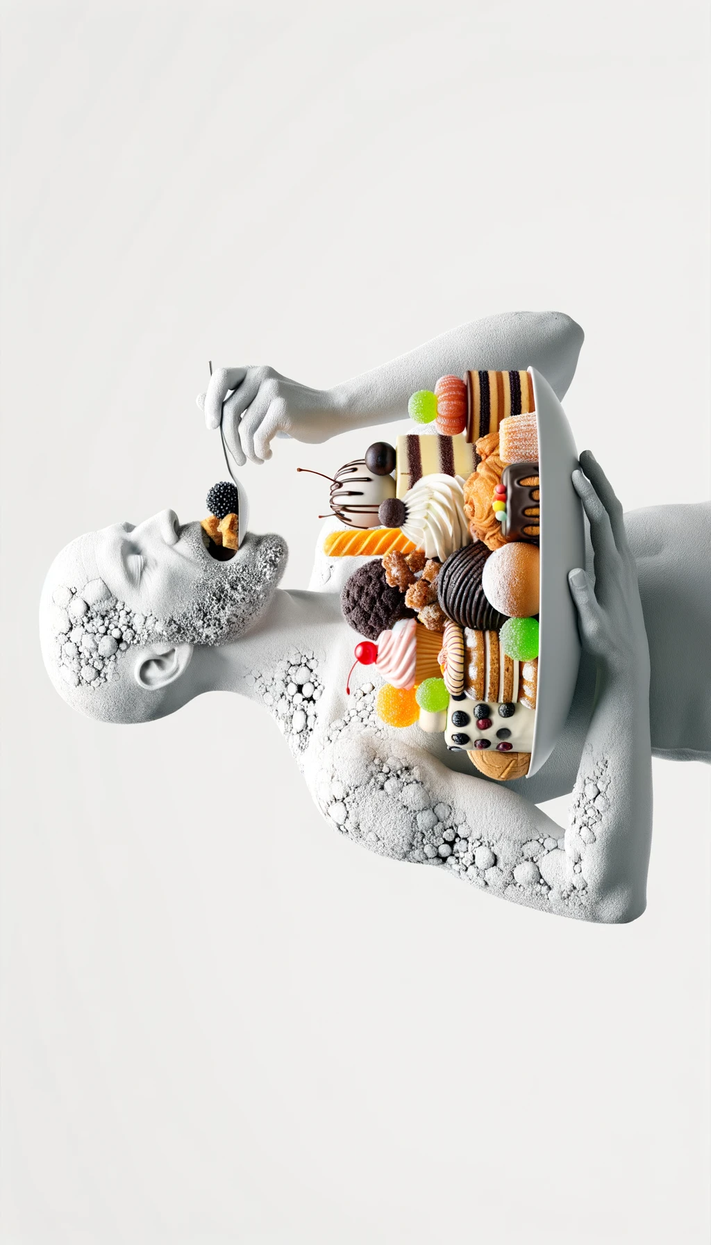 corpo umano anatomico in piedi a figura intera che si abbuffa di dolci e zuccheri, iperrealistico 4k, isolato su sfondo bianco emoji