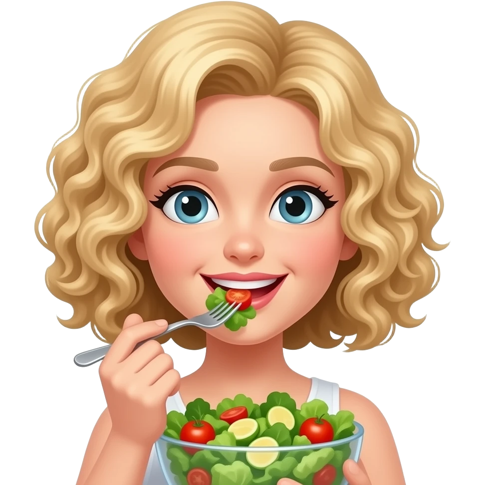 blonde tight curly hair in a bob eating a salad emoji