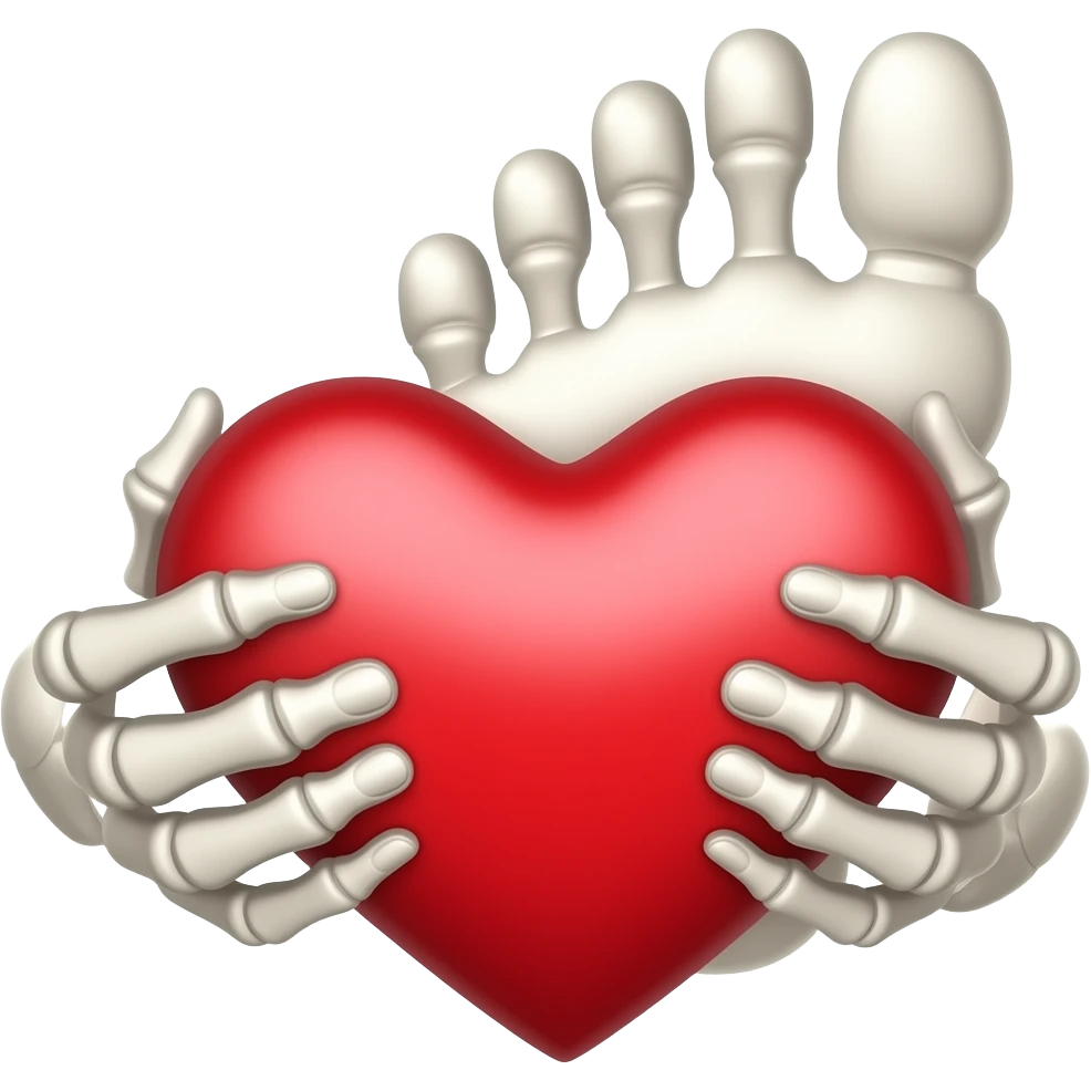 Esqueleto de pies sosteniendo con sus dos manos un corazón emoji