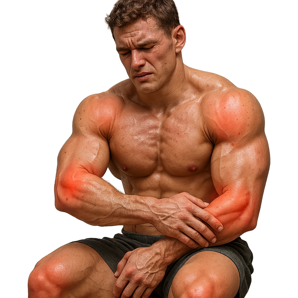young bodybuilder with chronic joint pain from collagen deficiency, hyper realistic style, well visible muscles, highlighted joints, pained expression, text 'Articolazioni a rischio', neutral atmosphere emoji