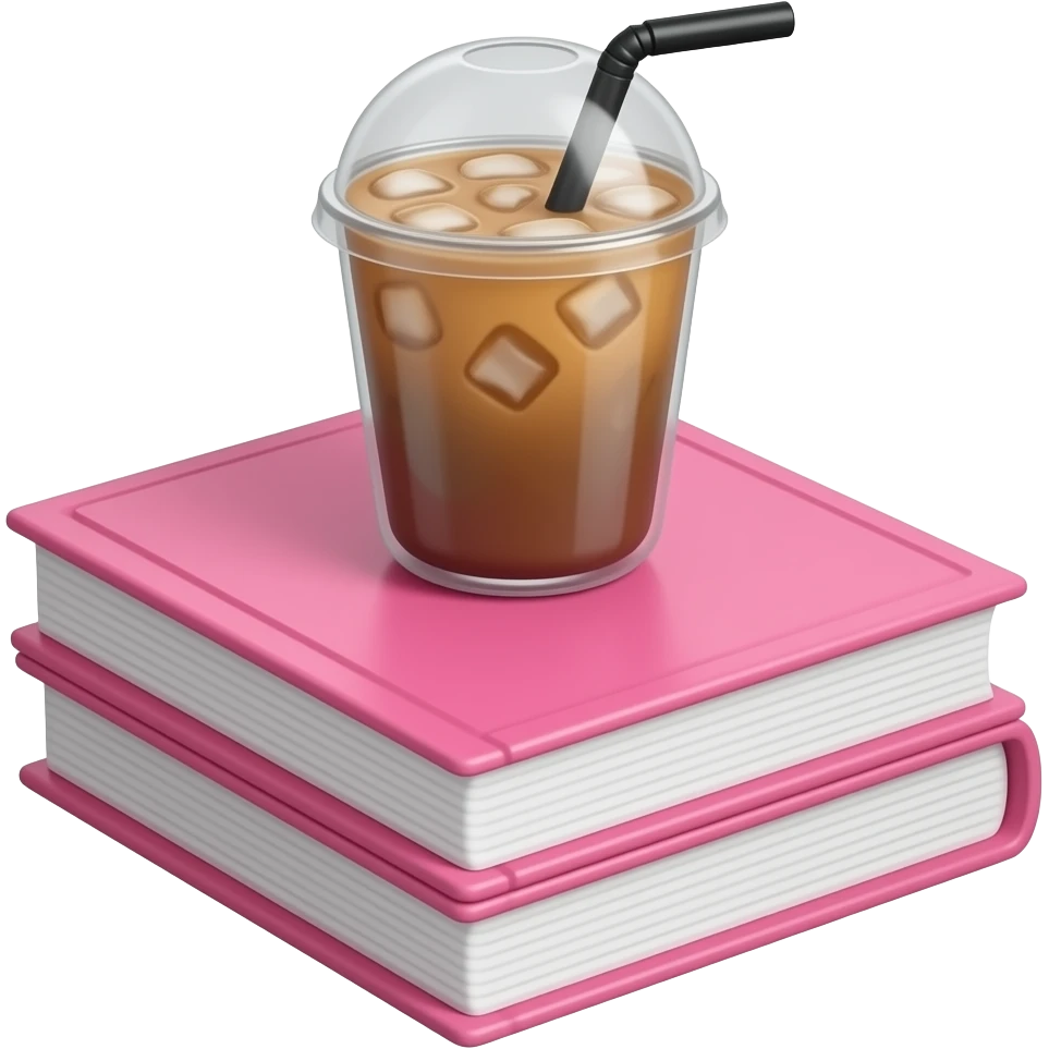 Pink book stack with iced coffee on top emoji