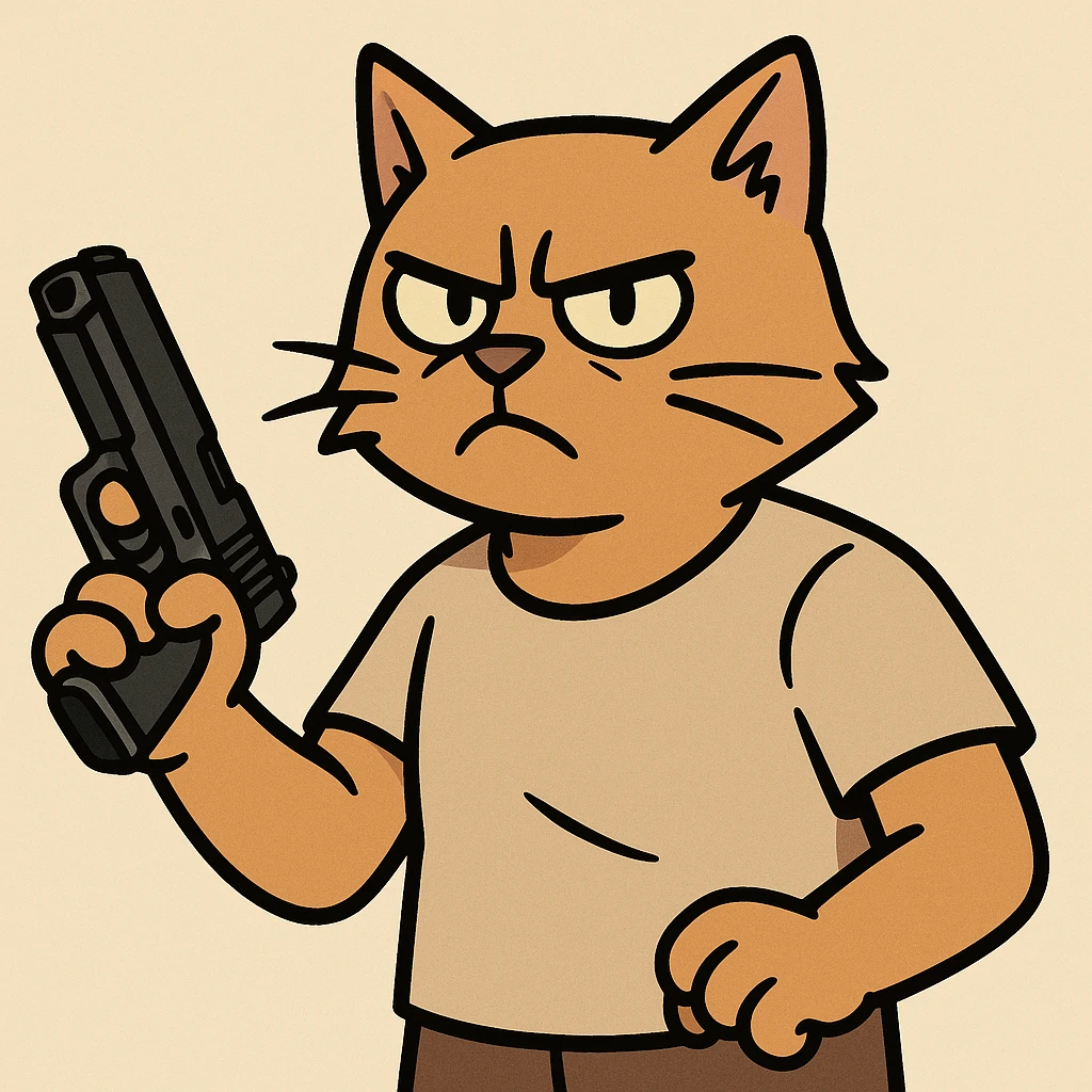 a tough-looking cat with a gun, cartoon style, flat toon emoji
