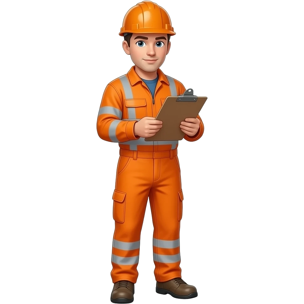 engingeer standing full hi vis orange overalls with sleeves, no hard hat, looking at a clipboard emoji