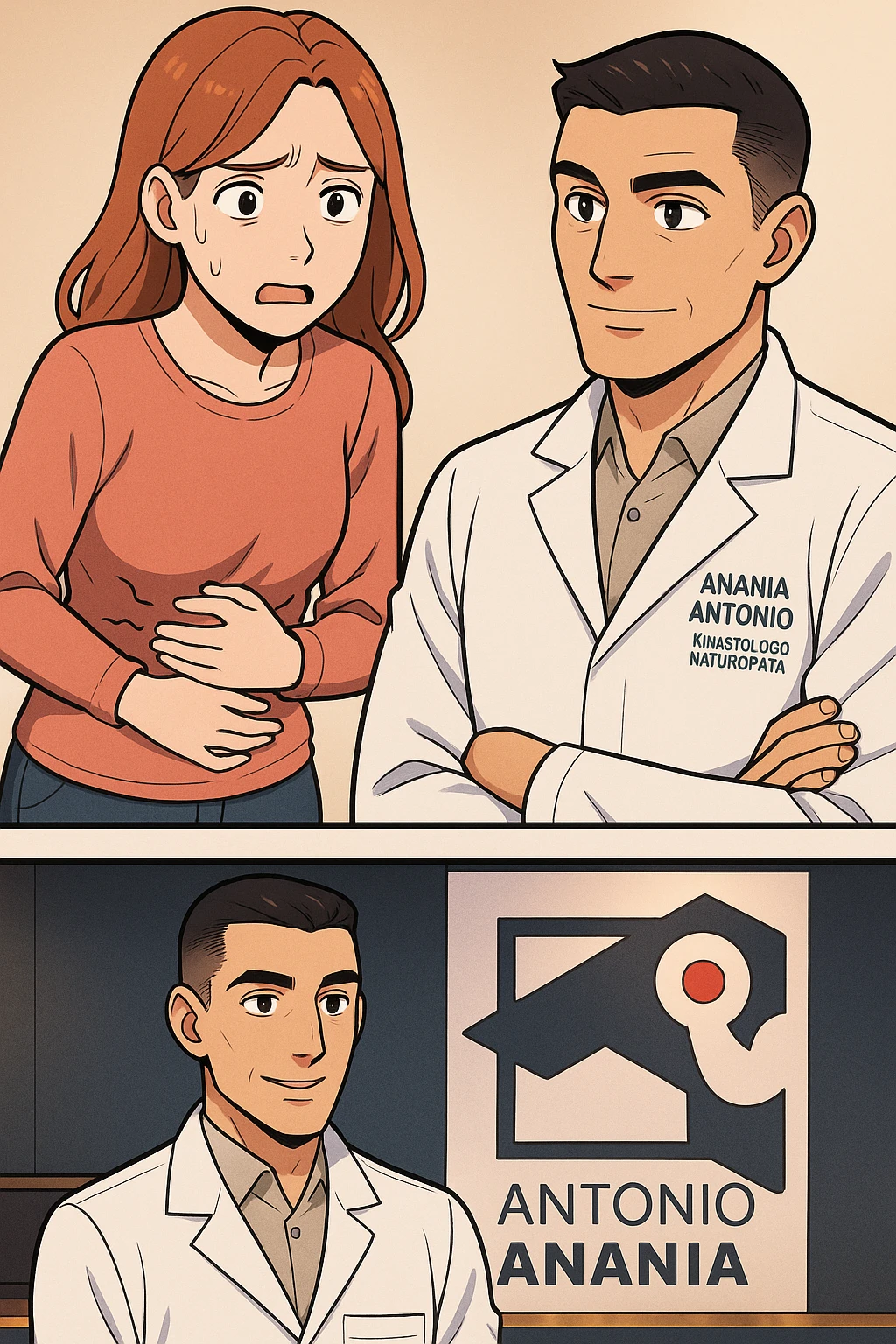 su questo stile fai un manga/webtoon a colori in cui una donna si lamenta che sta male e ha mal di pancia, l'uomo della foto in stile manga gli risponde, mantieni un ambiente simile alla foto che ho allegato con il suo logo (sarebbe il suo studio, lui è un kinesiologo), non mettere fumetti, ma fai in modo che sembri che la donna chiede una cosa e l'uomo risponde alla sua domanda emoji