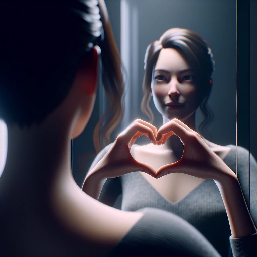 DONNA DI SPALLE CHE SI GUARDA ALLO SPECCHIO CREANDO UN CUORE CON LE MANI, iperrealistico 4k emoji