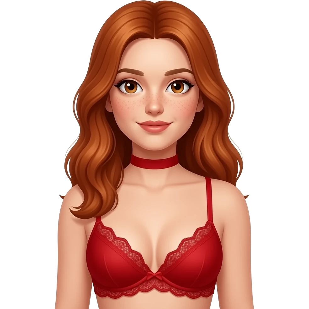 Light skin with freckles, long red hair, hazel eyes, wearing red lingerie, plain red collar. full body submissive pose emoji