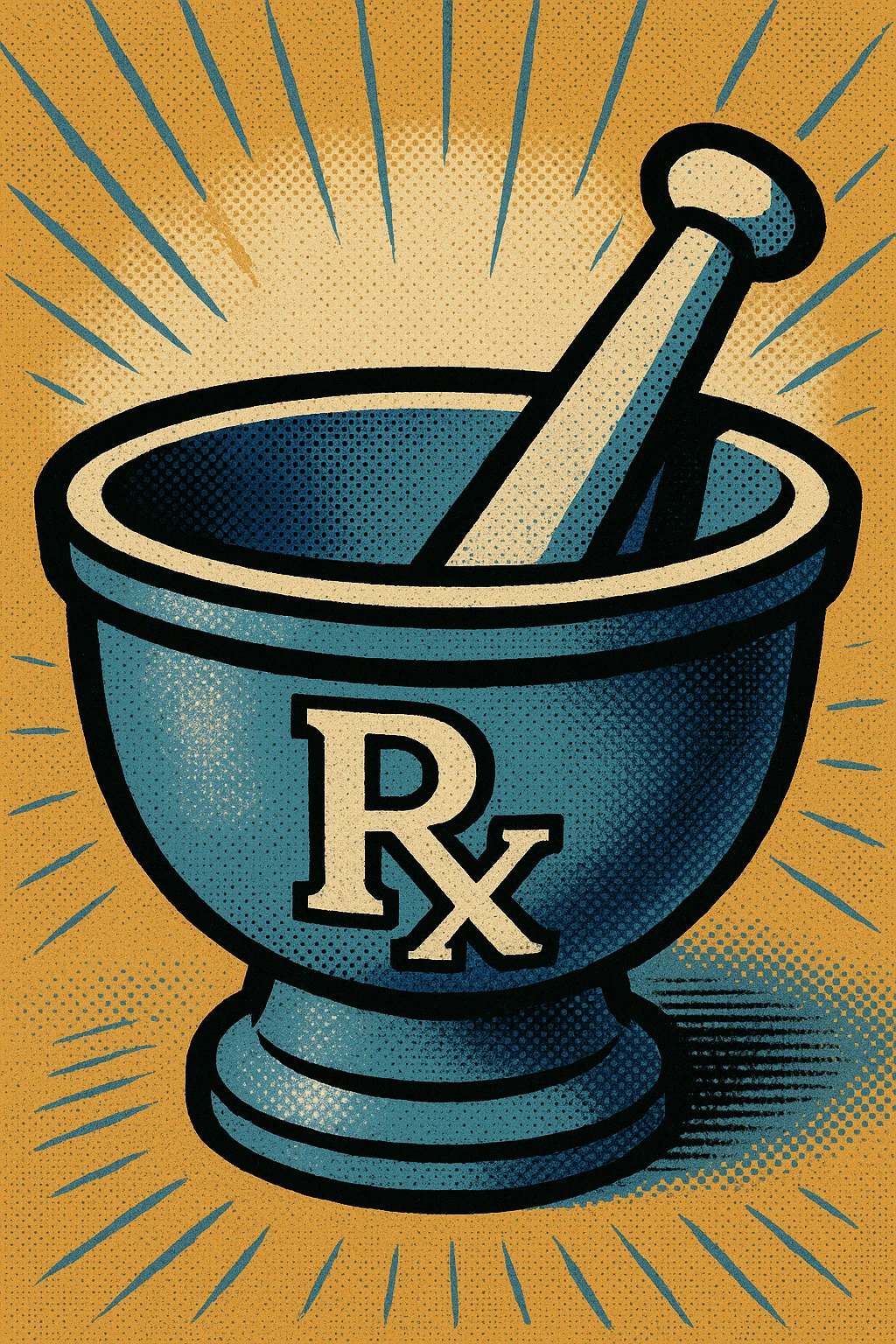 pharmacy icon, classic style, mortar and pestle, blue and white colors emoji
