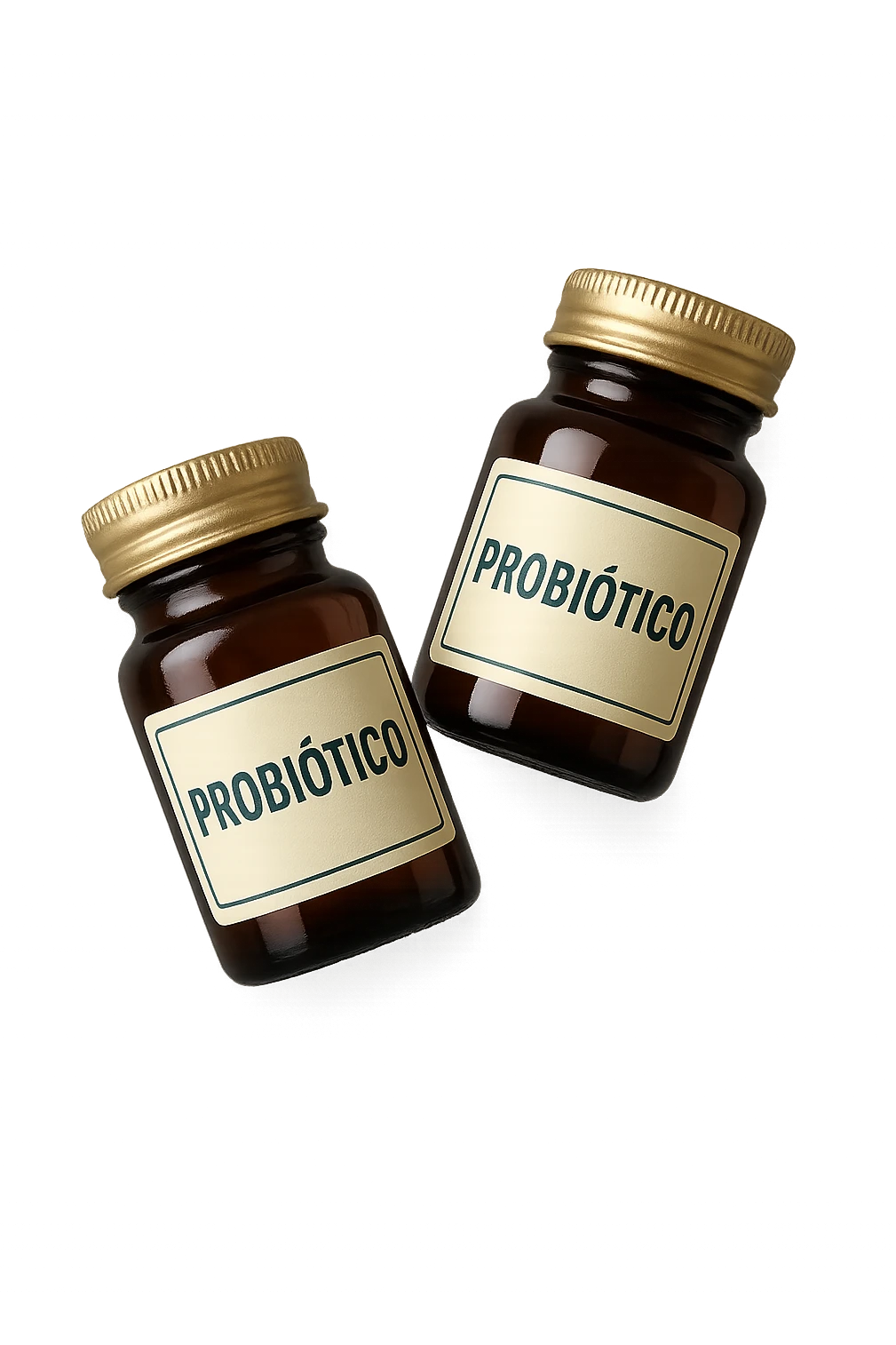 due boccette di integratori con la scritta "PROBIOTICO" SULL'ETICHETTA, FLUTTUANO IN ARIA, realistica 4k emoji