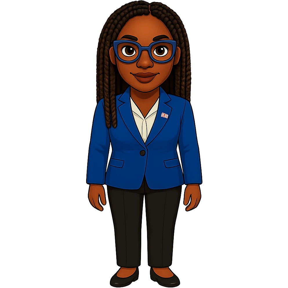Kemi Badenoch emoji with glasses and braided hair standing, transparent background emoji
