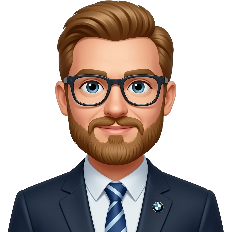 ginger man with glasses, beard in a BMW emoji