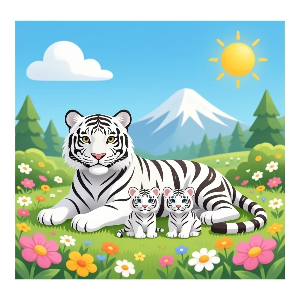 White mountain tiger laying with 3 baby cubs sitting in garden of flowers emoji