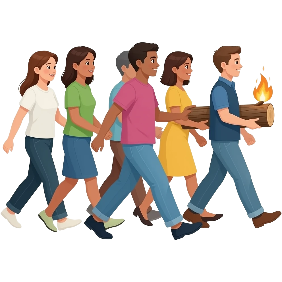 a group people walking with a burning piece of wood emoji