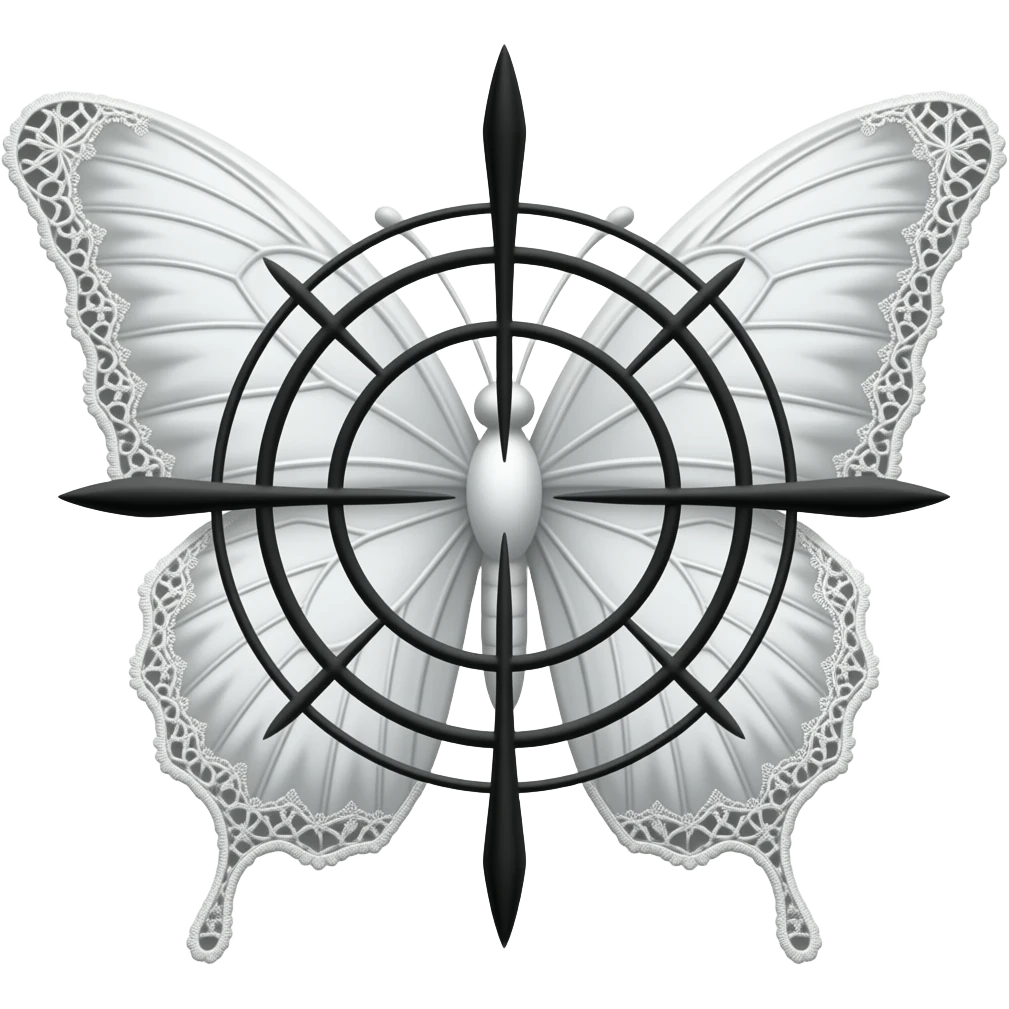 subtle elegant white butterfly, 3D emoji gothic butterfly, white velvet, white filigree, white lace trim, black sniper crosshair overlay emoji