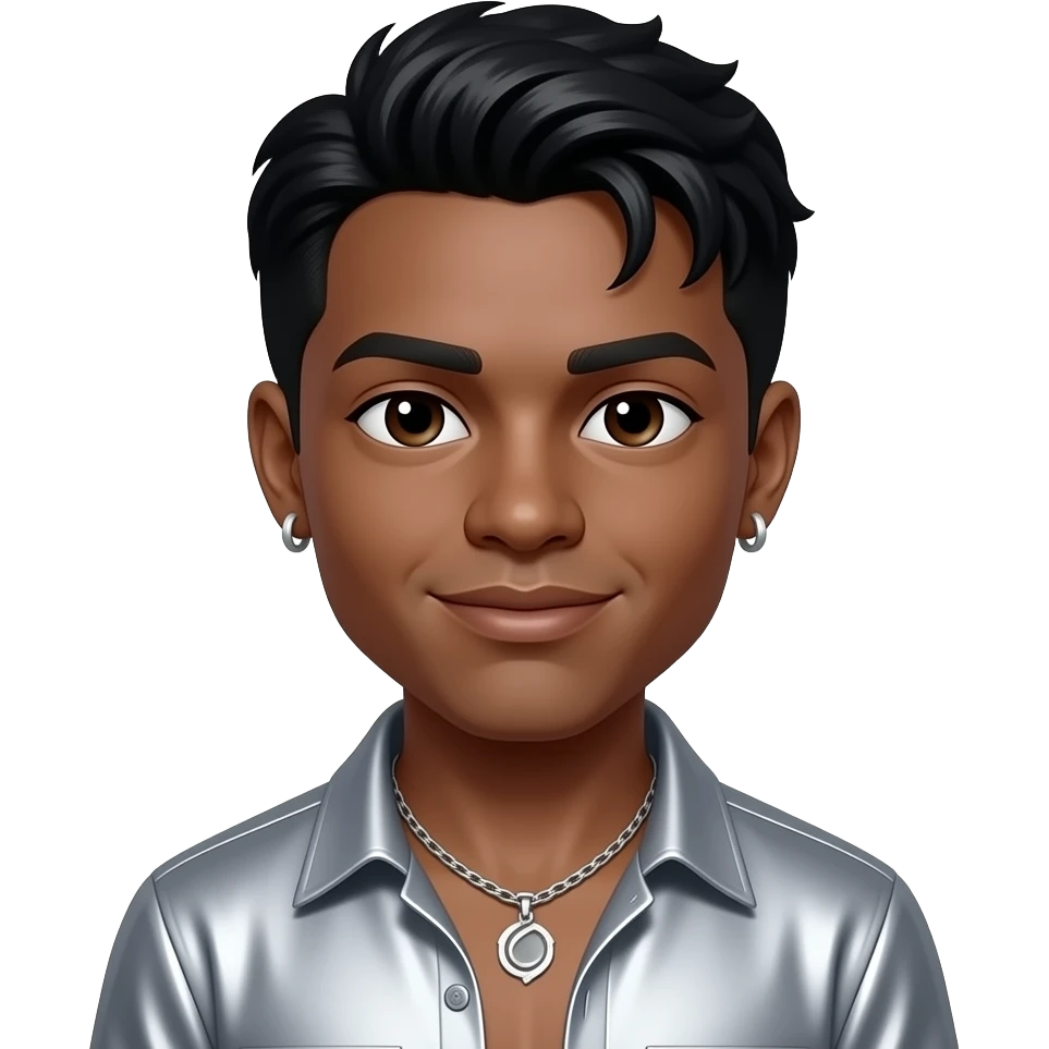 Teddy Riley with dark brown eyes, black hair, silver metallic shirt, silver necklace and short earrings emoji
