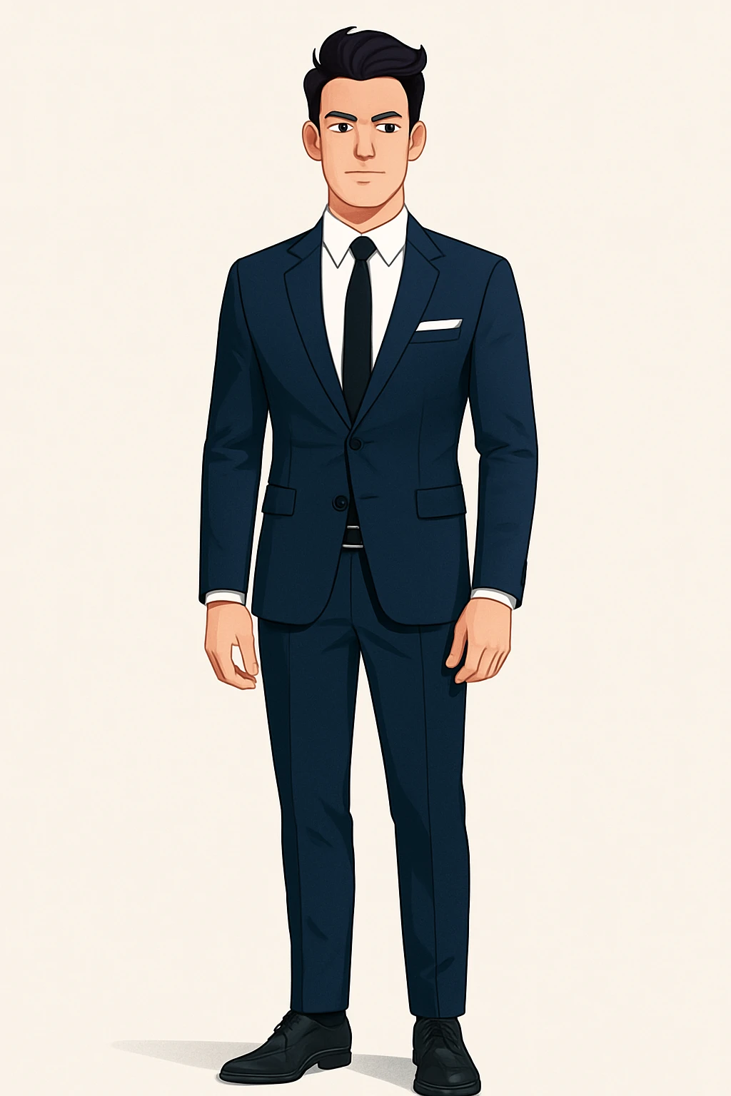 Full-body modern business illustration: young man with elegant hairstyle, confident look, fitted navy blue suit, white shirt, black tie, pocket square. Standing straight, arms naturally at sides. Clean background, sharp lines, consistent lighting, same character identity and style as reference. emoji