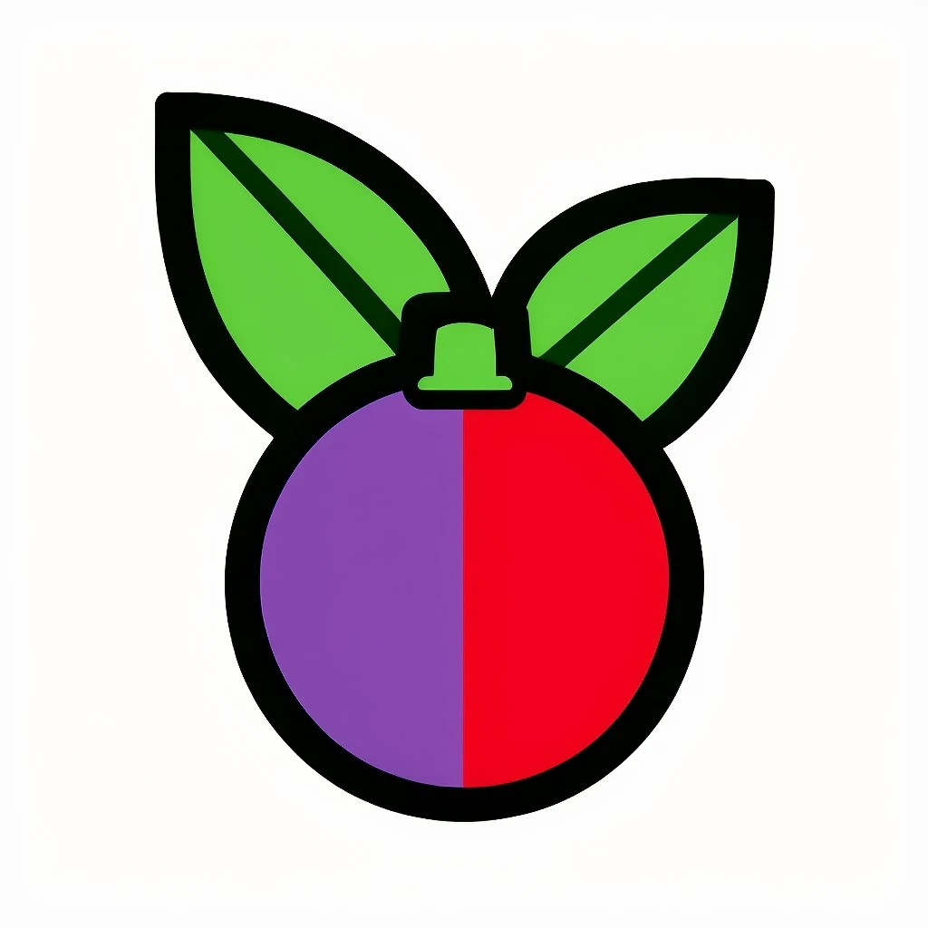 Flat vector-style logo of a Stenocereus fruit, bumpy and round, with green, purple, and red areas, thick black outline, two green leaves emoji