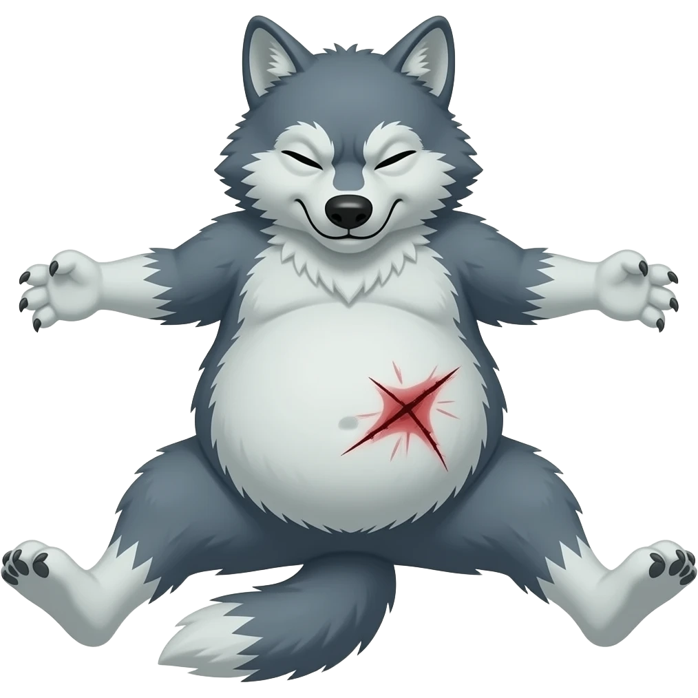 Hazme un lobo durmiendo y estirado. Tiene que tener mucha barriga. Tiene que ser malo. Tiene que tener una herida en la barriga emoji