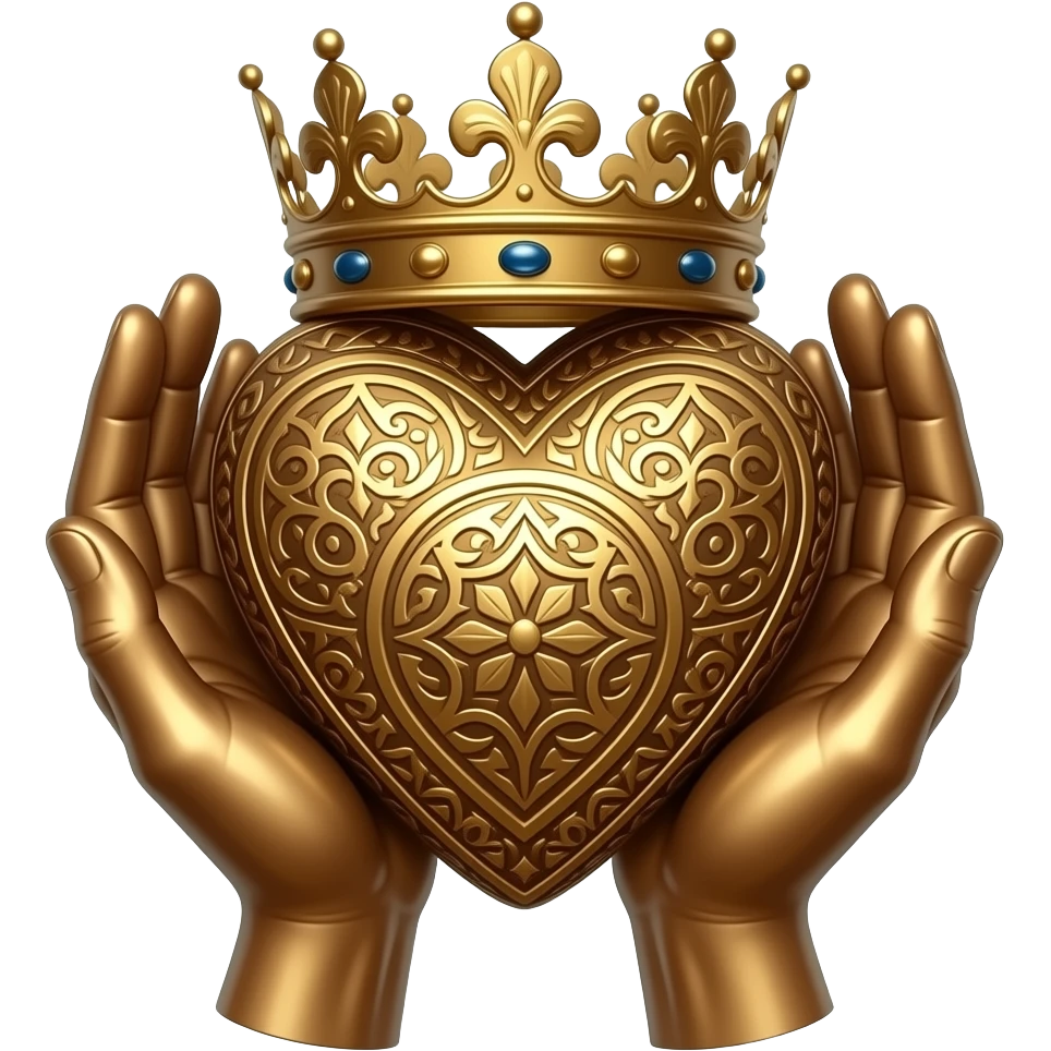 Simple Minds logo - two bronze palms holding with their fingertips a bronze heart richly ornamented with arabesques and a richly decorated royal crown, dramatic lighting - backlight emoji
