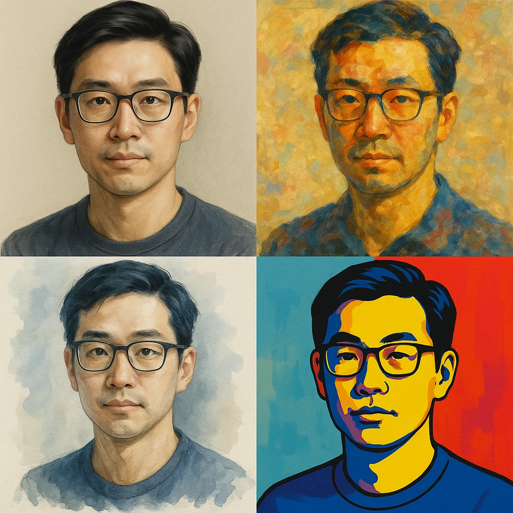 Asian man with black hair wearing glasses, portrait, diverse artistic styles emoji
