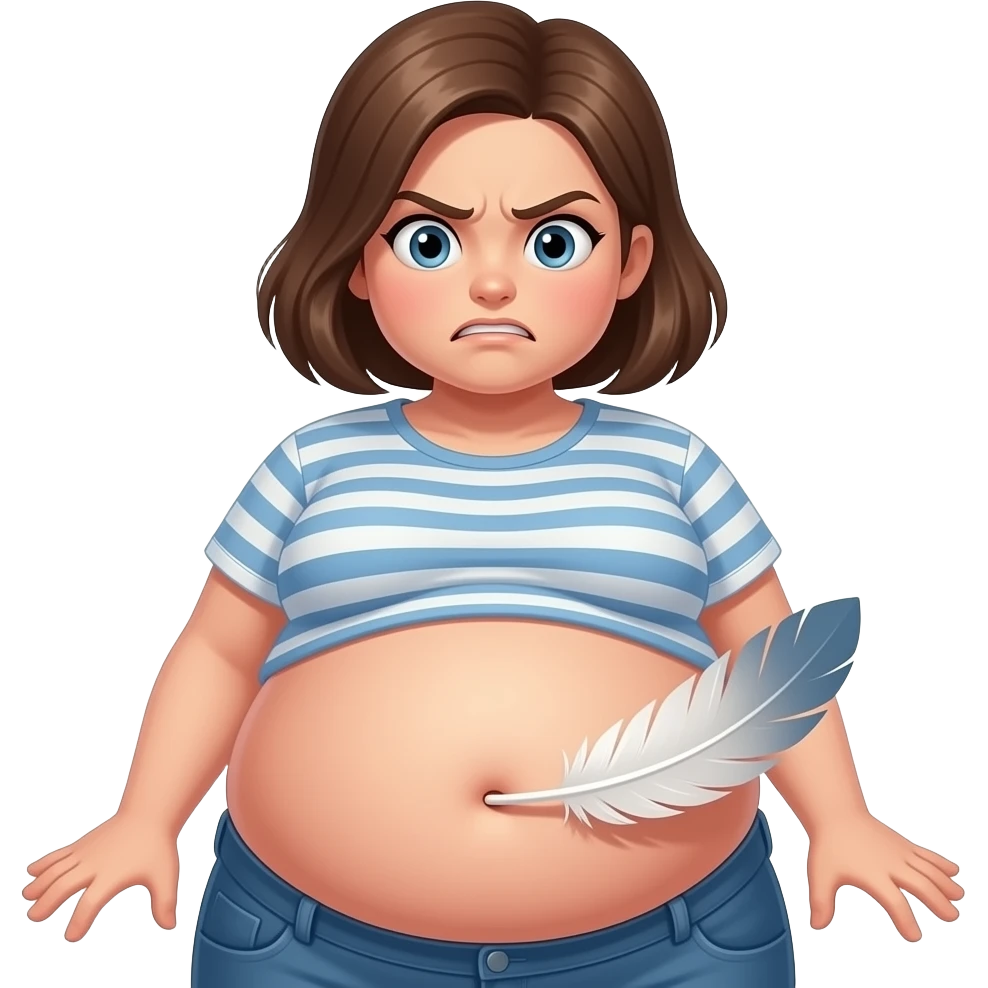 A girl with a huge bloated belly,now faces a battle with a feather that wants to tickle her bellybutton. emoji