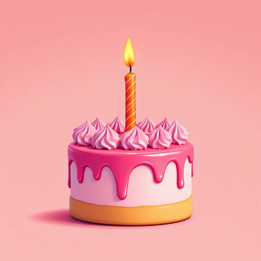Draw pixar style a birthday cake with pink cream and a single candle emoji