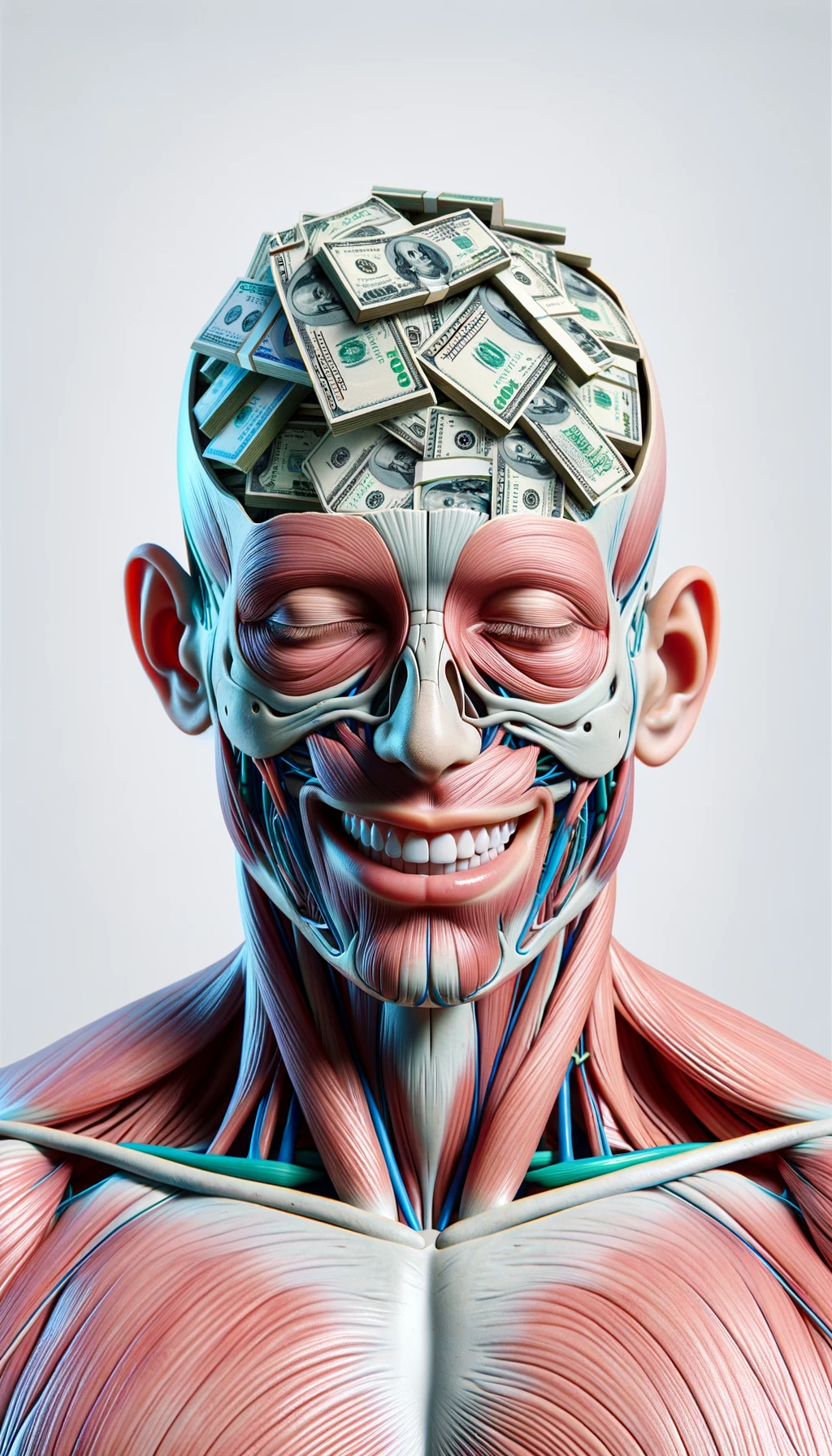 corpo umano anatomico sereno e felice con una montagna di banconote davanti al viso, espressione stupita, iperrealistica 4k, isolato su sfondo bianco emoji