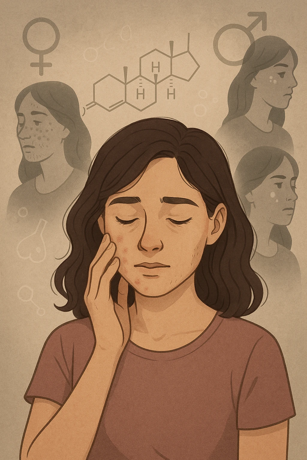 A young woman is surrounded by faint overlays of hormonal symbols and androgen molecules, with shadowy images of acne, facial hair, and oily skin projected around her, symbolizing the symptoms of PCOS with androgen excess. She looks down, gently touching her face with a resigned but hopeful expression, symbolizing her journey toward managing these symptoms. emoji