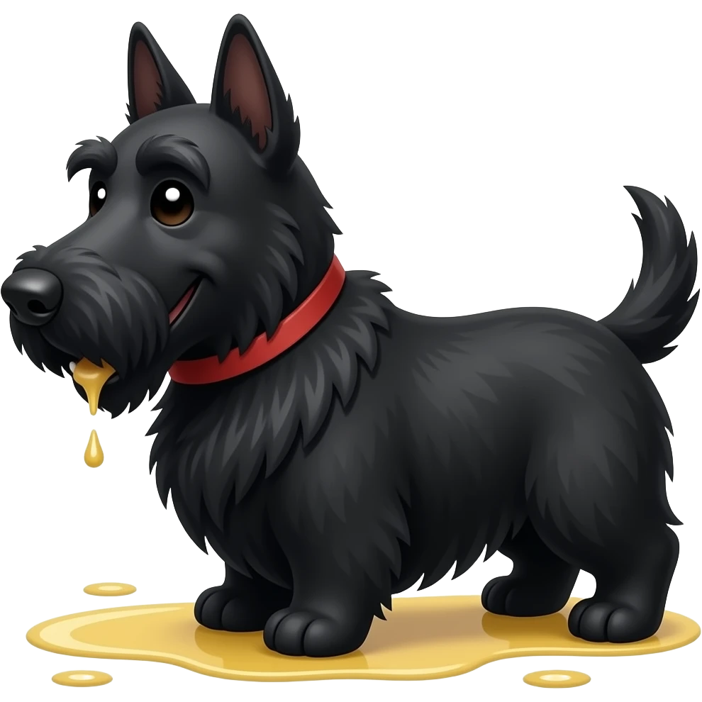 Black Scottie dog smiling in profile with small puddle of yellow urine on the floor under his hind paws, white background. emoji
