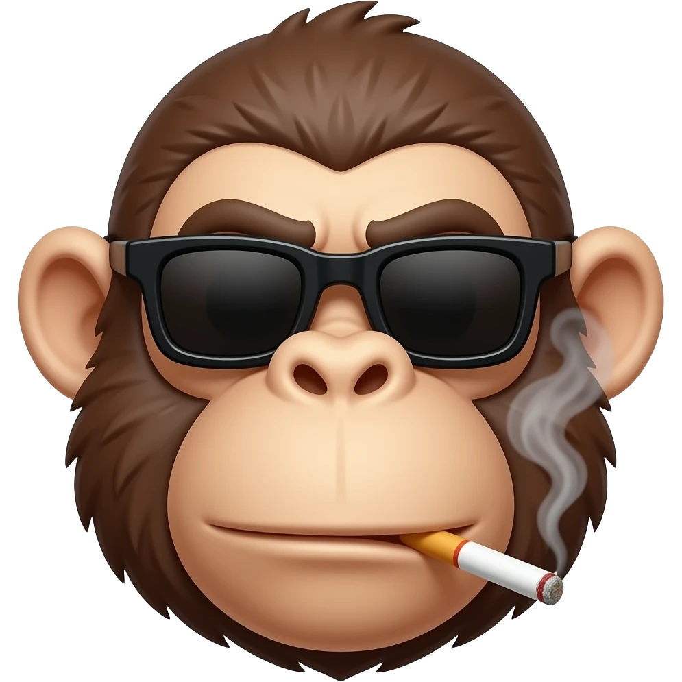 a monkey head which have thick eyebrow that was obvious, wearing a sunglasses which was in square shape, can see the big ear, nosehole, and big chin/mouth, in the monkey mouth was having a cigarette which have smoke come out emoji