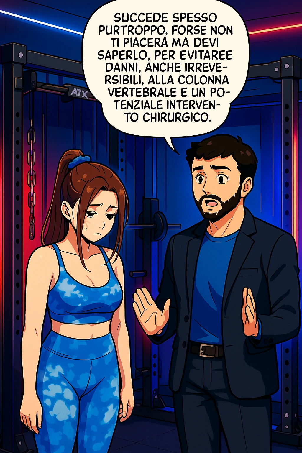 fai questa immagine in versione fumetto/manga/webtoon a colori, il manga mostra l'uomo che risponde alla donne:
Succede spesso purtroppo. 
Forse non ti piacerà ma devi saperlo, per evitare danni, anche irreversibili, alla colonna vertebrale e un potenziale intervento chirurgico. emoji