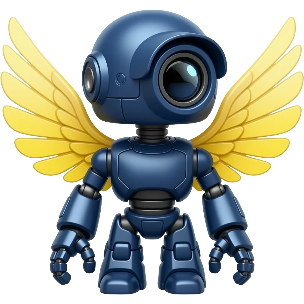a robot with a security camera as a head,colored navy blue with yellow cyber wings emoji