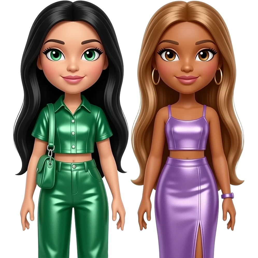 Bratz with Jade with fair skin, green eyes, long black hair, green metallic shirt, green metallic baggy pants, Yasmin with brown eyes, long light brown hair, lilac metallic crop top and long skirt emoji