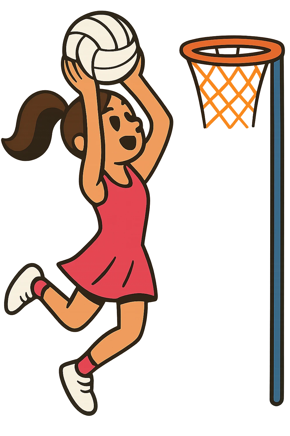 a brunette haired girl wearing a pink netball dress shooting a goal, vibrant and dynamic pose, no background emoji