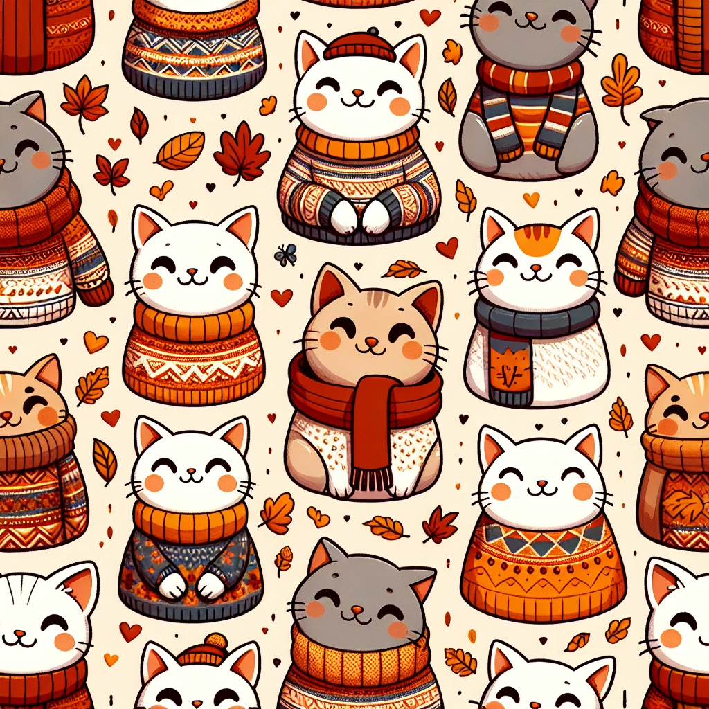 cute cats in scarves and sweaters, seamless pattern, autumn colors, warm and cozy vibe, playful cartoon style emoji