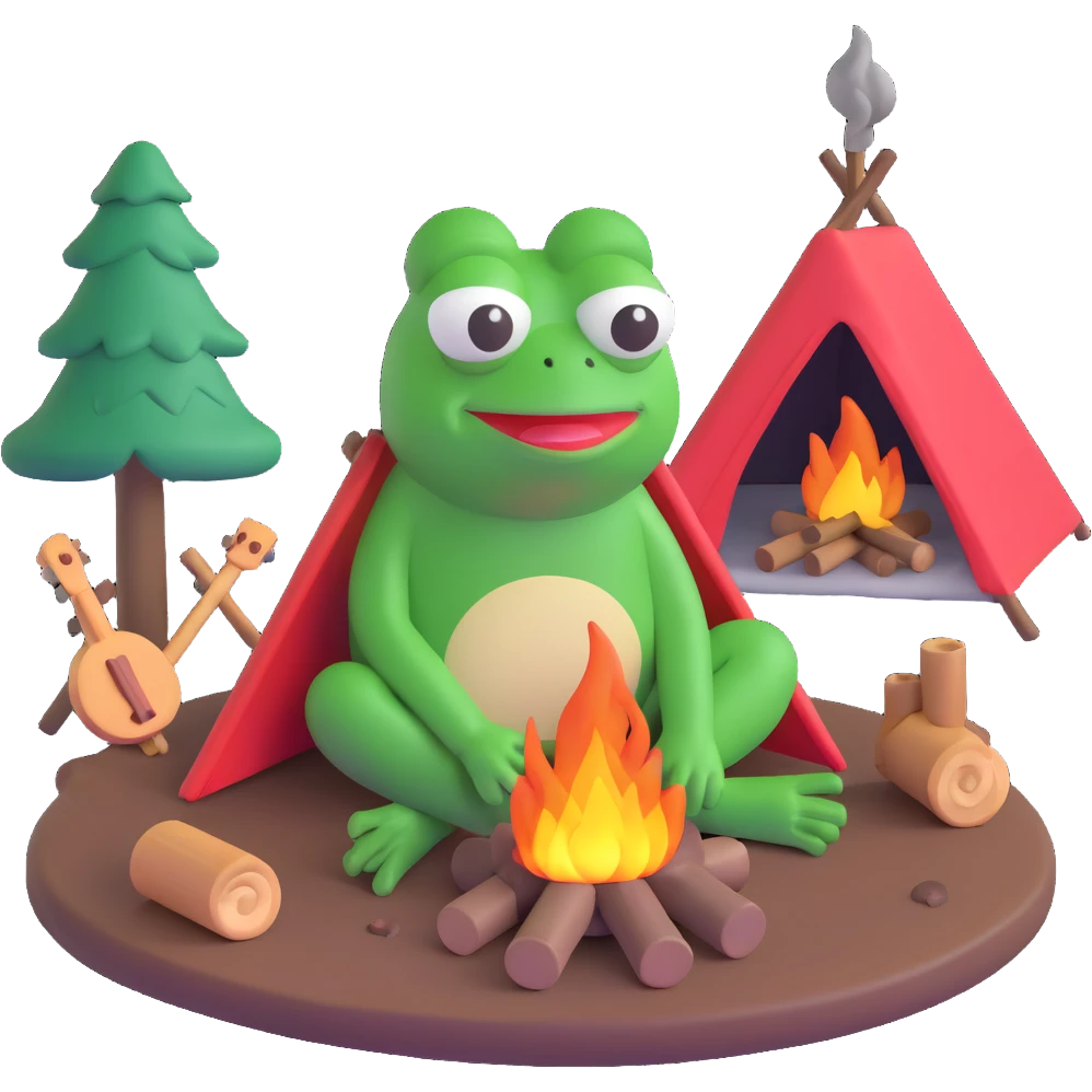 Pepe the Frog sitting by a campfire, looking sad, 3D emoji style emoji