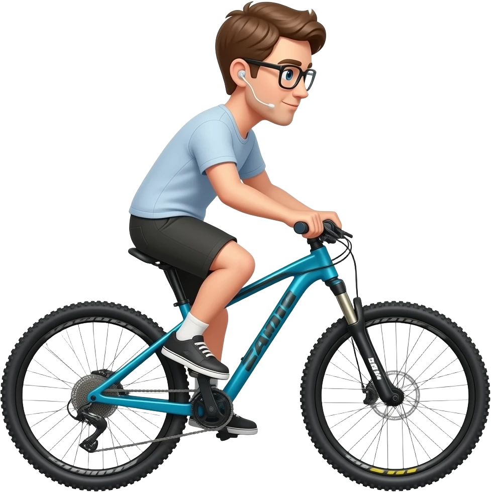 light brown hair guy with glasses and hearing aid doing mountain bike emoji